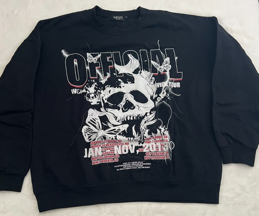 boohooMAN Mens Medium Black Skull Graphic Official Tour Sweatshirt Pullover
